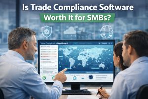 Business team using trade compliance software dashboard for managing global shipments and regulations
